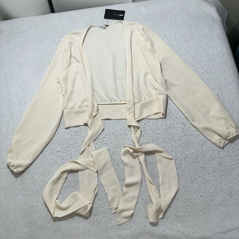 Fashion Nova Women's Medium Little White Lies Top Tie Waist Ivory Blouse